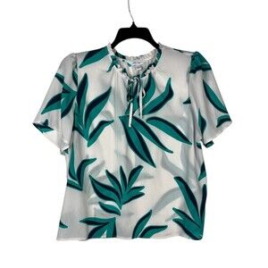 Nine West Woman XL Short Sleeve Blouse Green Floral Drawstring Neck Casual Top